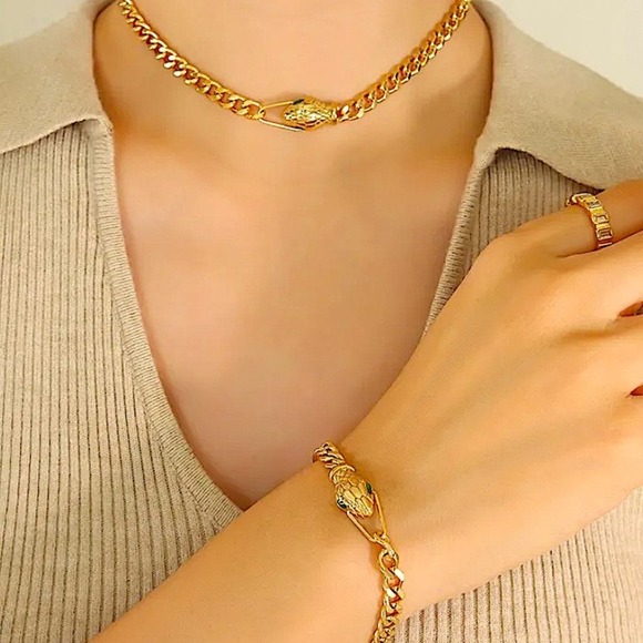 Gold Snake Choker Bracelet Matching Set, Chain Link, Serpent, Necklace - Picture 1 of 12